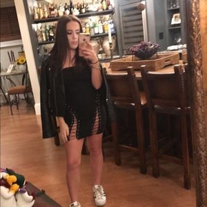 Black strapless lace up dress